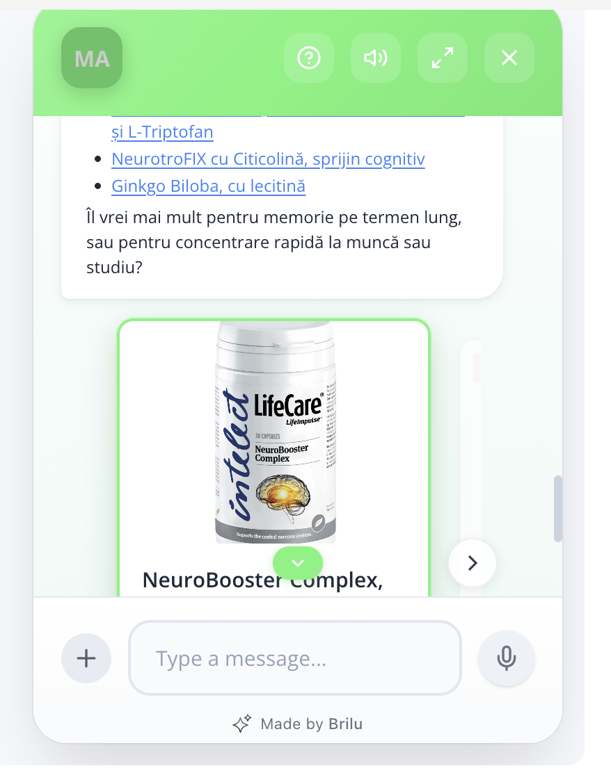 Revenue Agent afișând card produs NeuroBooster